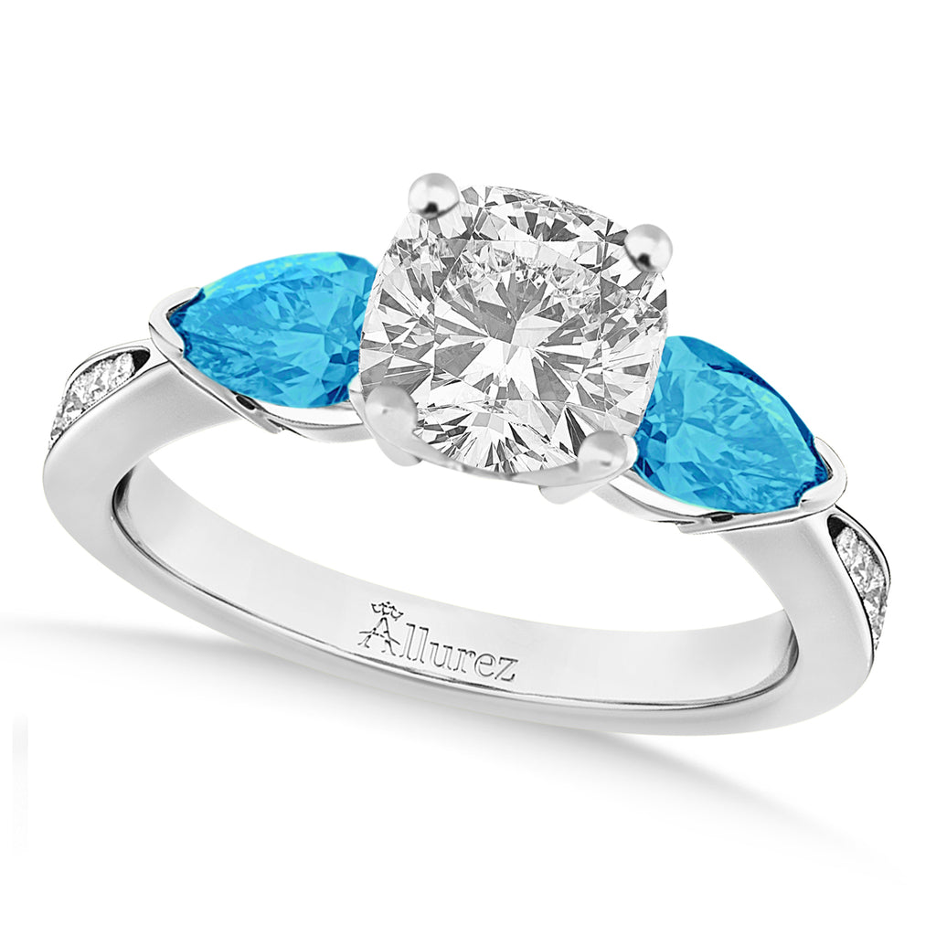 Cushion Diamond & Pear Blue Topaz Engagement Ring 18k White Gold (1.79ct)