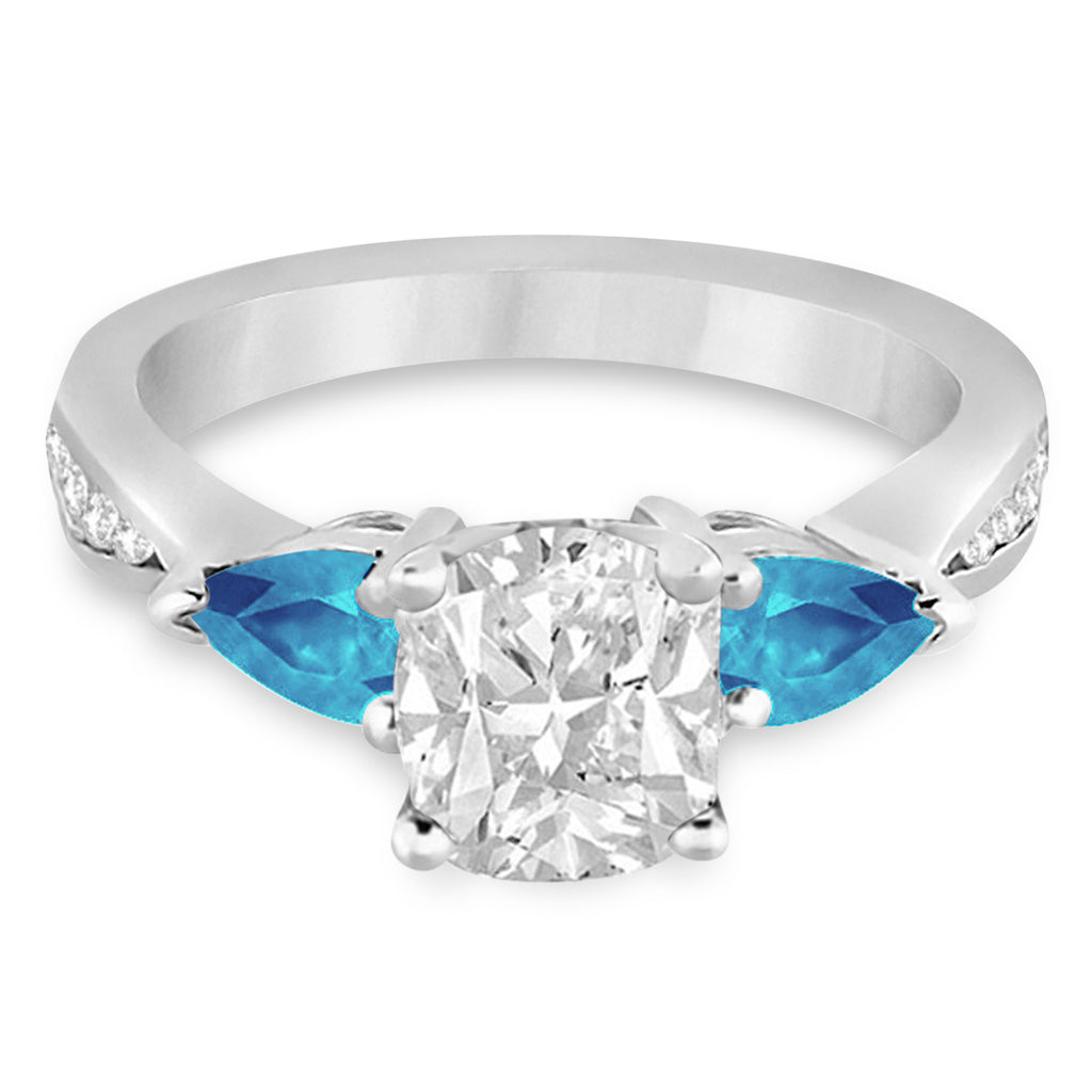 Cushion Diamond & Pear Blue Topaz Engagement Ring 18k White Gold (1.79ct)