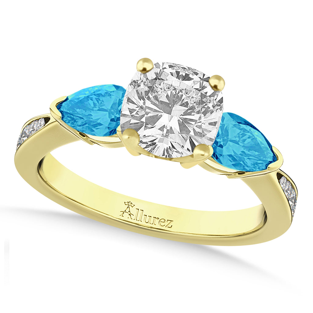 Cushion Diamond & Pear Blue Topaz Engagement Ring 18k Yellow Gold (1.79ct)
