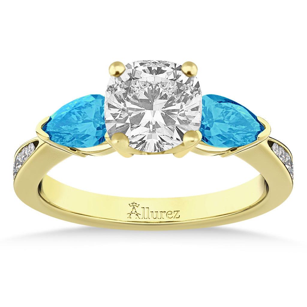 Cushion Diamond & Pear Blue Topaz Engagement Ring 18k Yellow Gold (1.79ct)