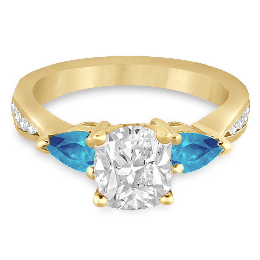 Cushion Diamond & Pear Blue Topaz Engagement Ring 18k Yellow Gold (1.79ct)
