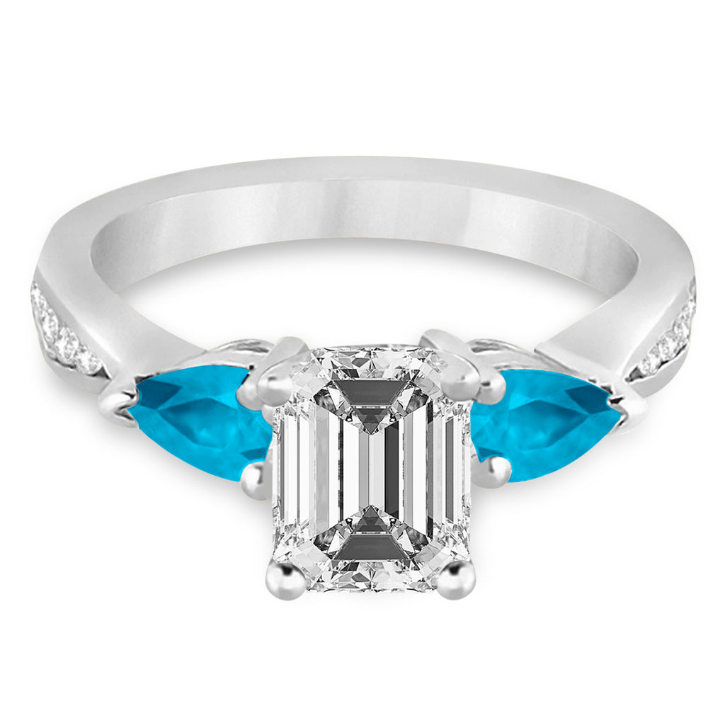Emerald Diamond & Pear Blue Topaz Engagement Ring 14k White Gold (1.79ct)