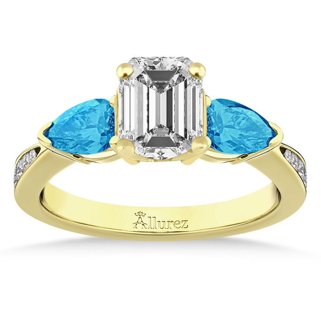 Emerald Diamond & Pear Blue Topaz Engagement Ring 18k Yellow Gold (1.79ct)