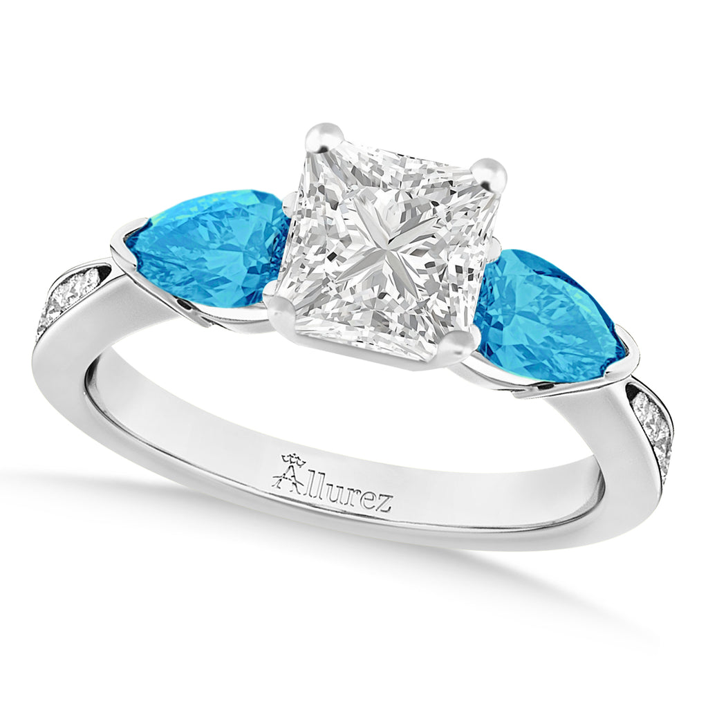 Princess Diamond & Pear Blue Topaz Engagement Ring 18k White Gold (1.79ct)