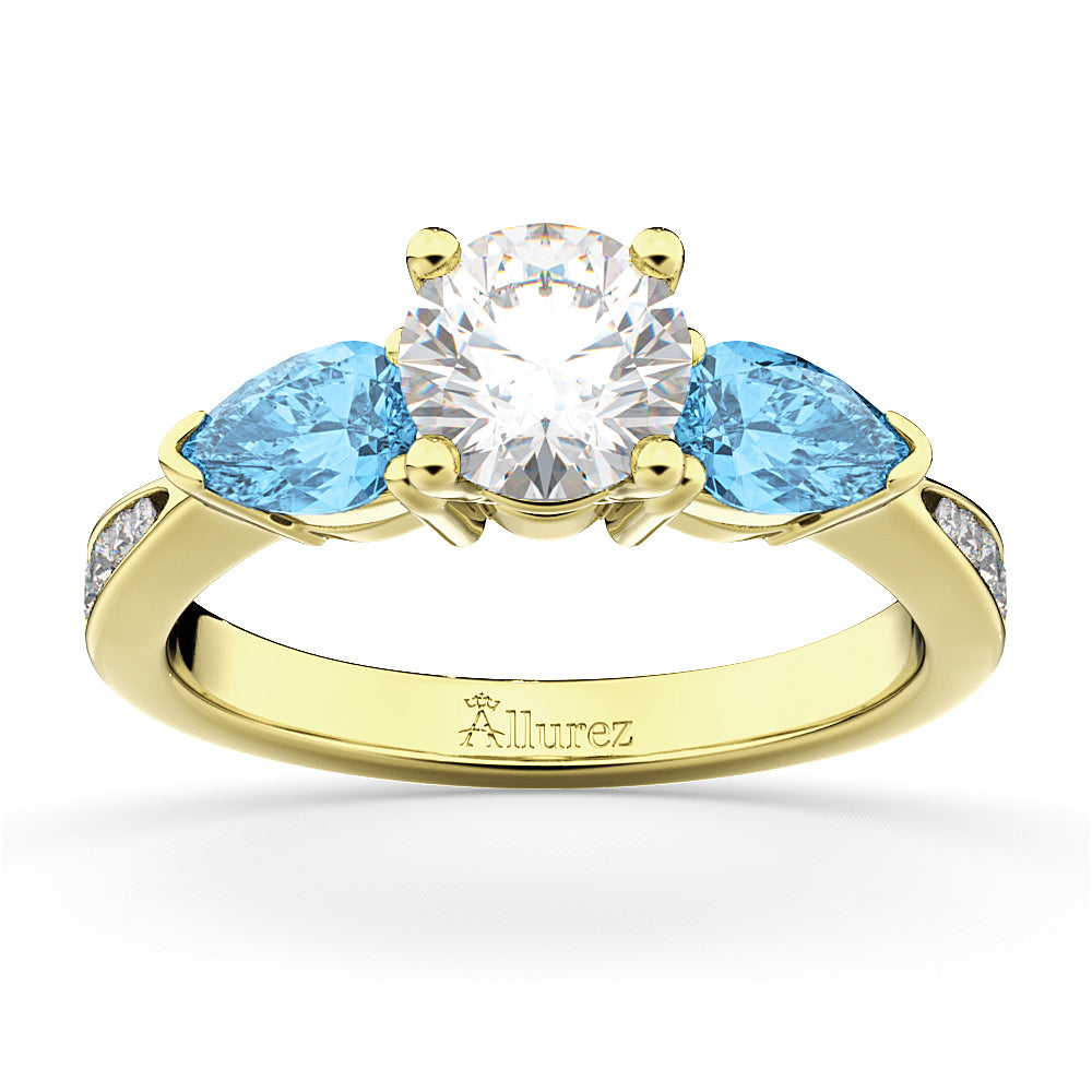 Round Diamond & Pear Blue Topaz Engagement Ring 18k Yellow Gold (1.79ct)