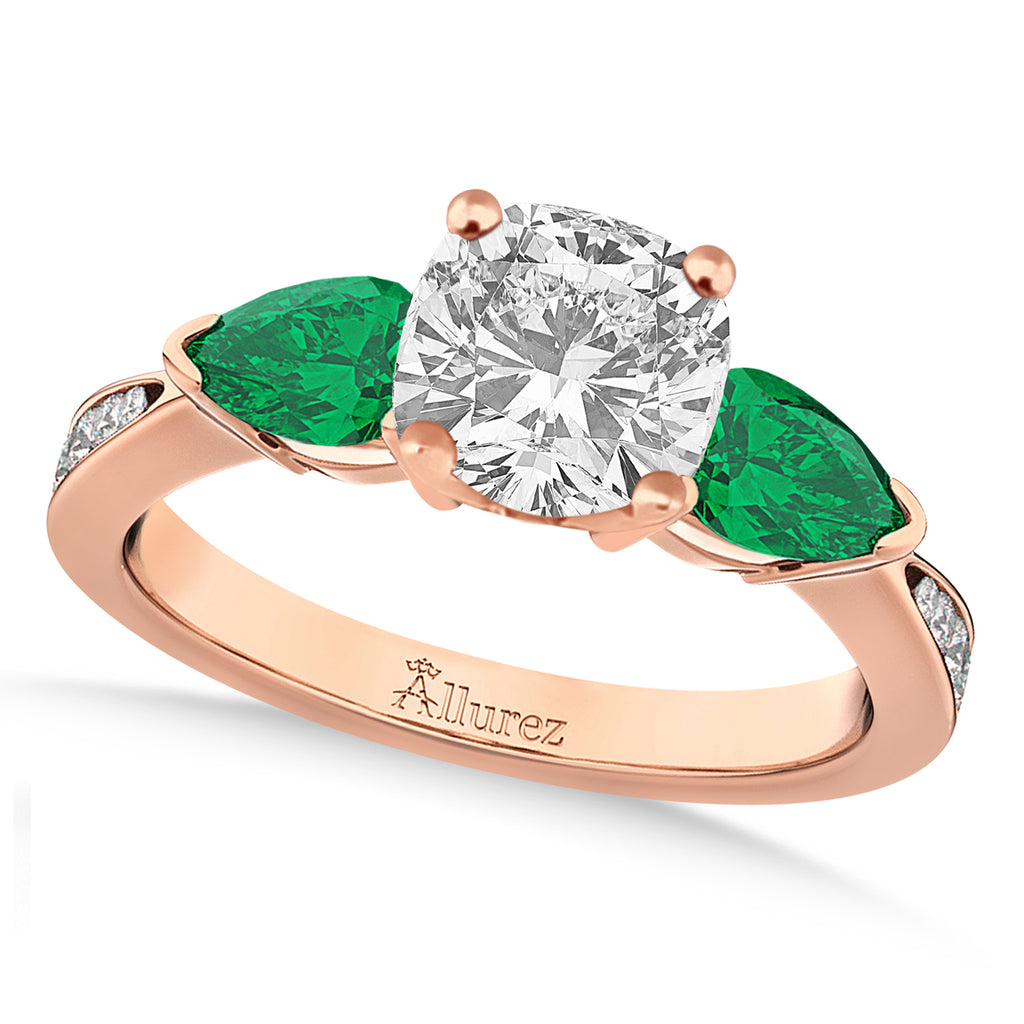 Cushion Diamond & Pear Green Emerald Engagement Ring 14k Rose Gold (1.29ct)