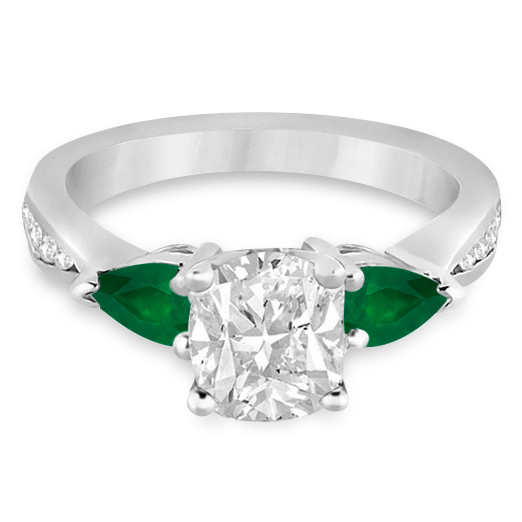 Cushion Diamond & Pear Green Emerald Engagement Ring 14k White Gold (1.29ct)
