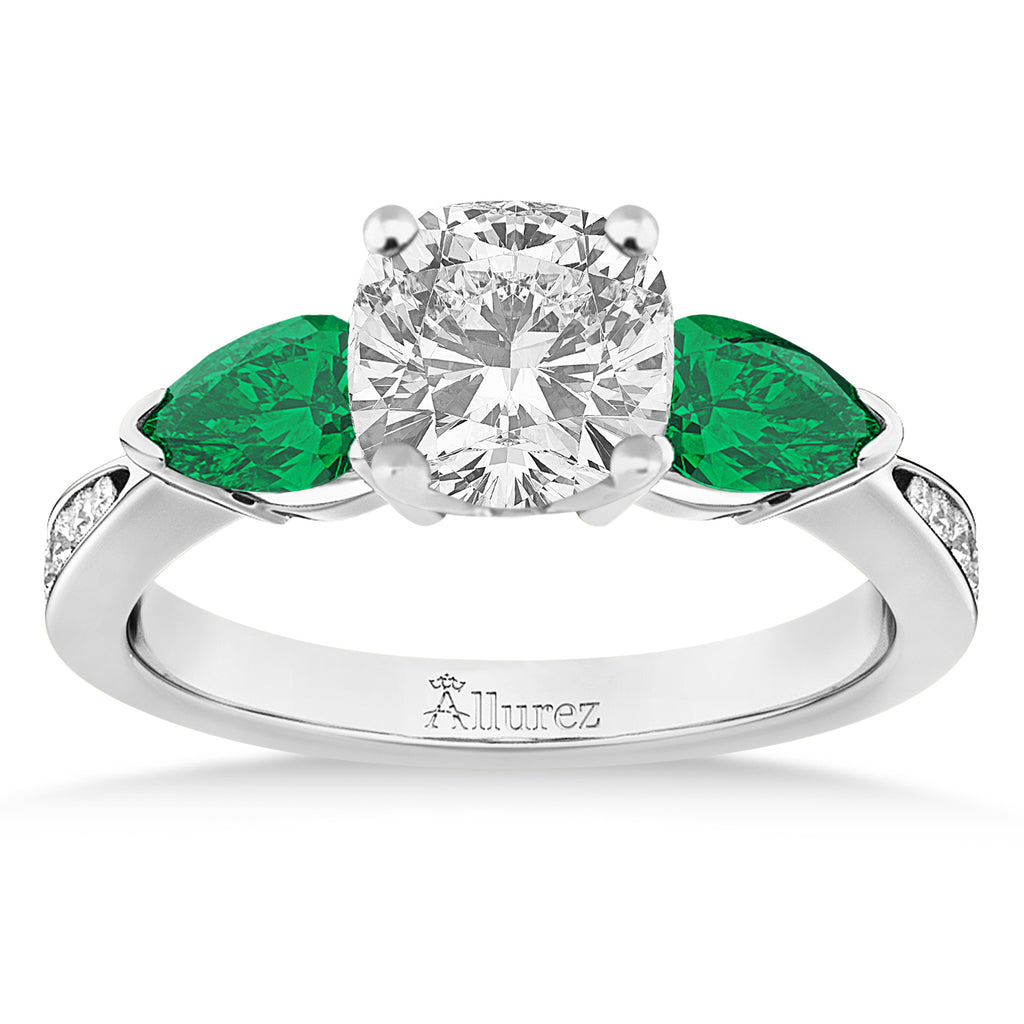 Cushion Diamond & Pear Green Emerald Engagement Ring 18k White Gold (1.29ct)