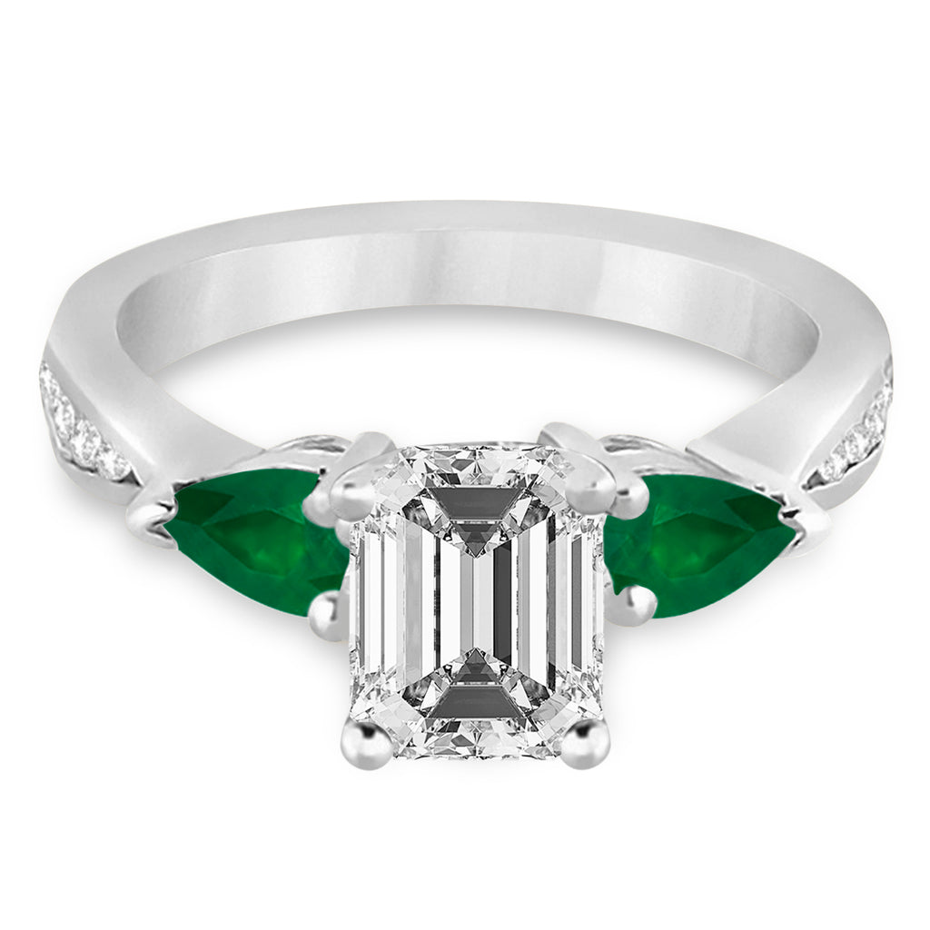 Emerald Diamond & Pear Green Emerald Engagement Ring 14k White Gold (1.29ct)
