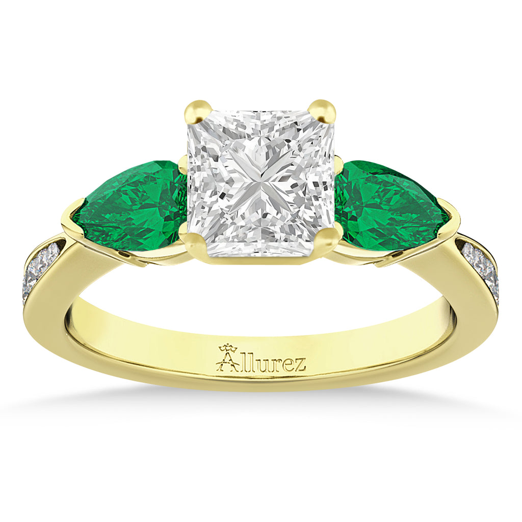 Princess Diamond & Pear Green Emerald Engagement Ring 18k Yellow Gold (1.29ct)
