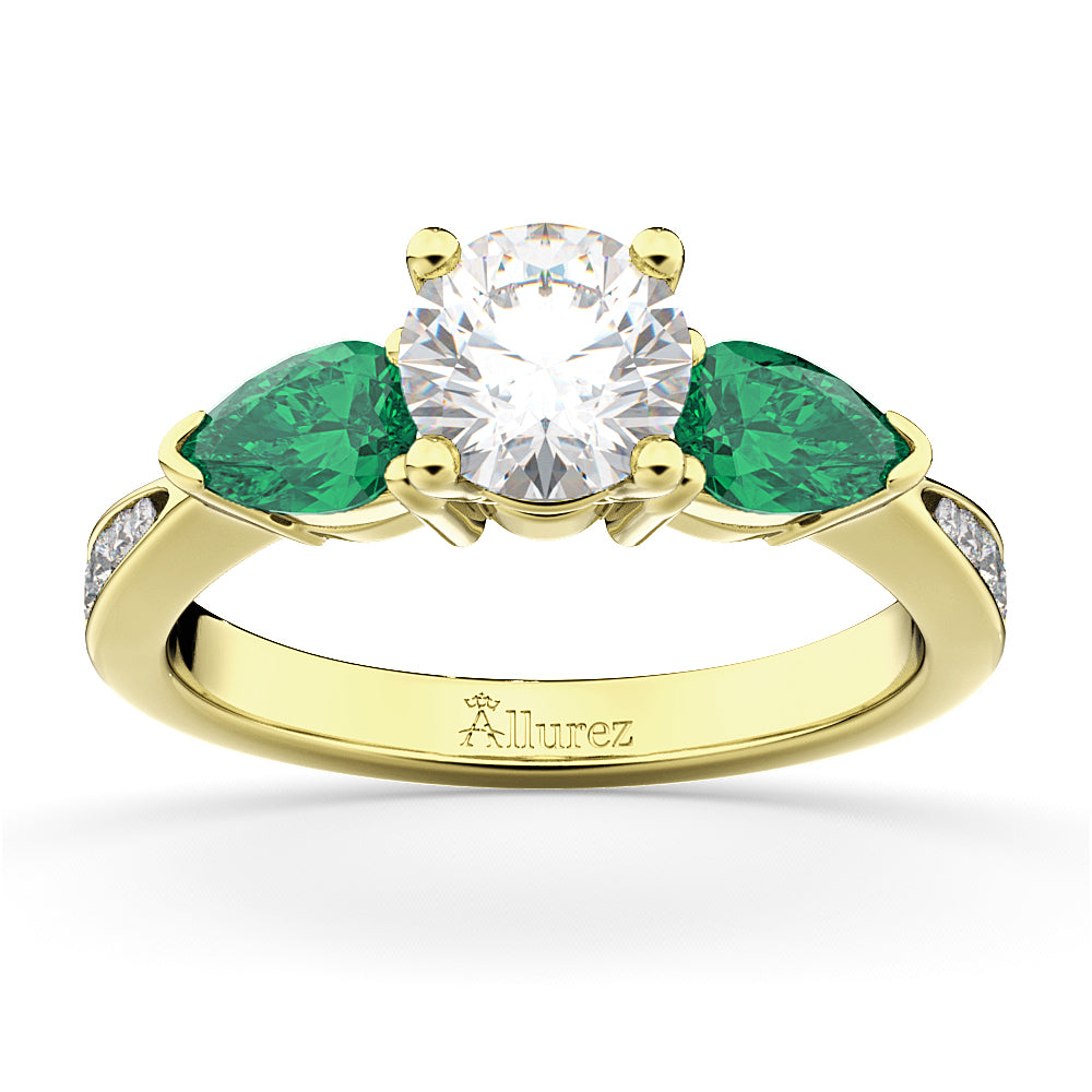 Round Diamond & Pear Green Emerald Engagement Ring 14k Yellow Gold (1.29ct)