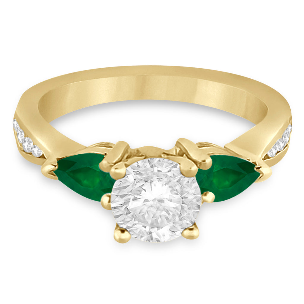 Round Diamond & Pear Green Emerald Engagement Ring 14k Yellow Gold (1.29ct)