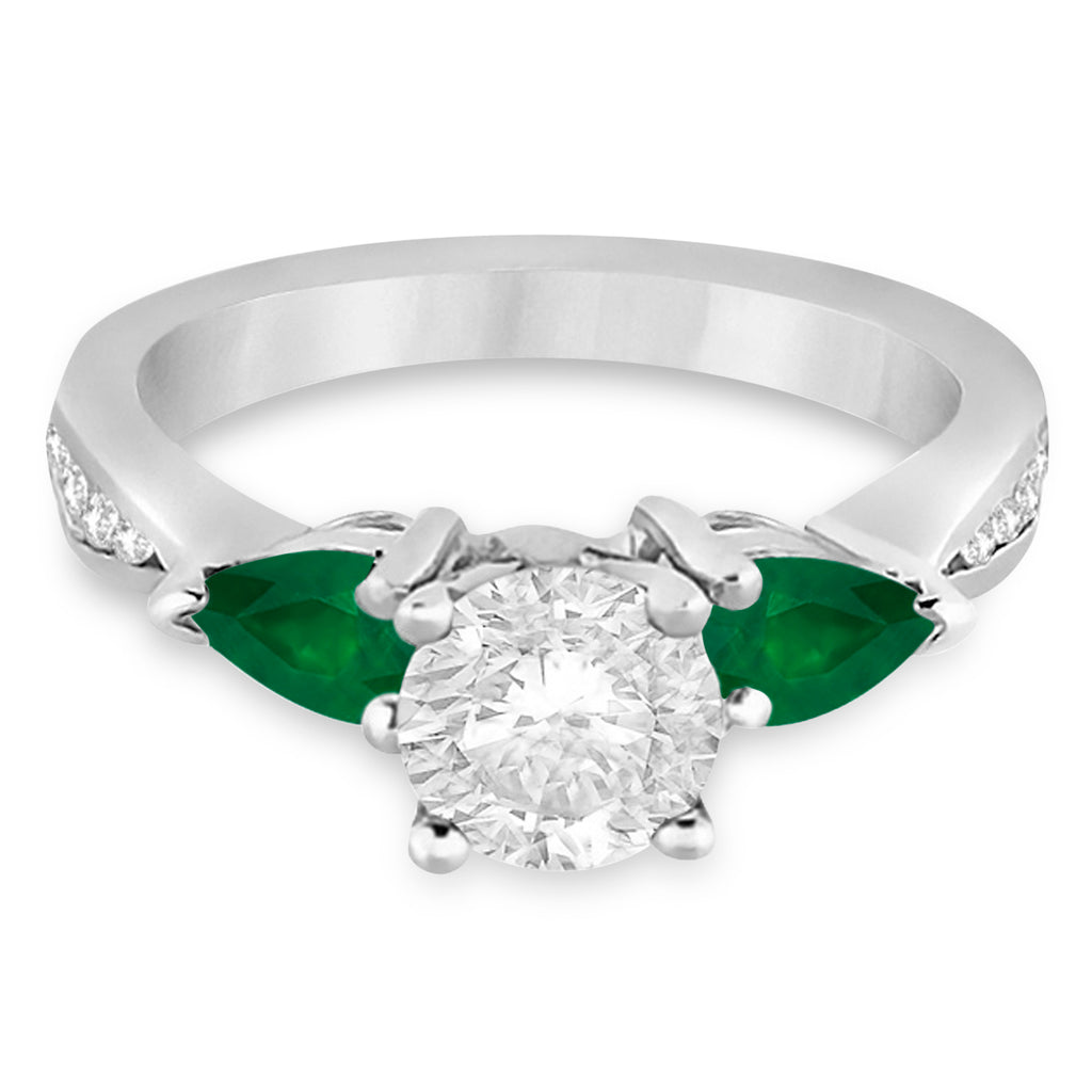 Round Diamond & Pear Green Emerald Engagement Ring 18k White Gold (1.29ct)