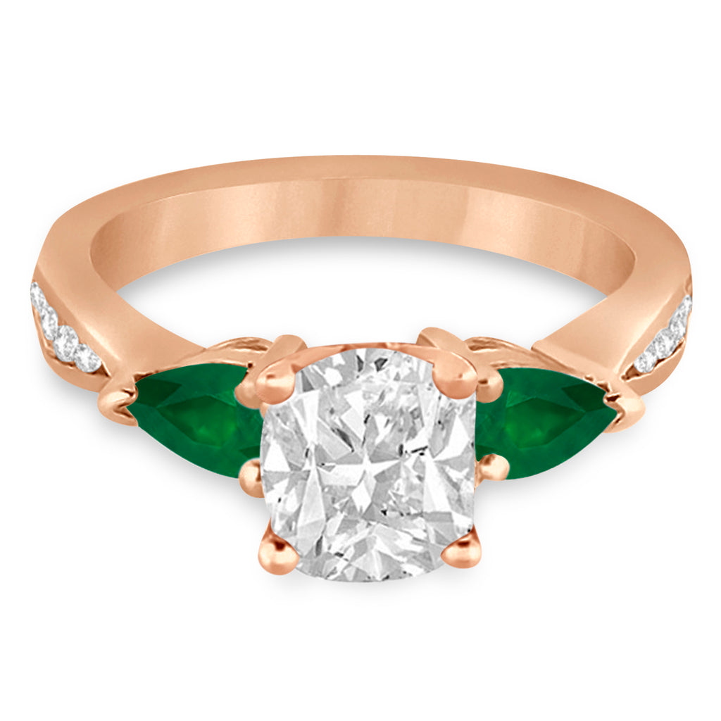 Cushion Diamond & Pear Green Emerald Engagement Ring 14k Rose Gold (1.79ct)
