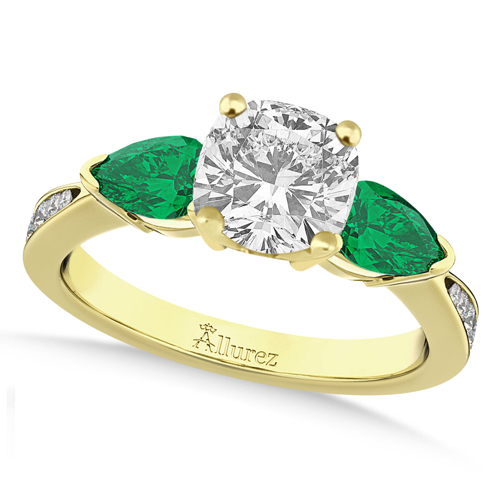 Cushion Diamond & Pear Green Emerald Engagement Ring 14k Yellow Gold (1.79ct)