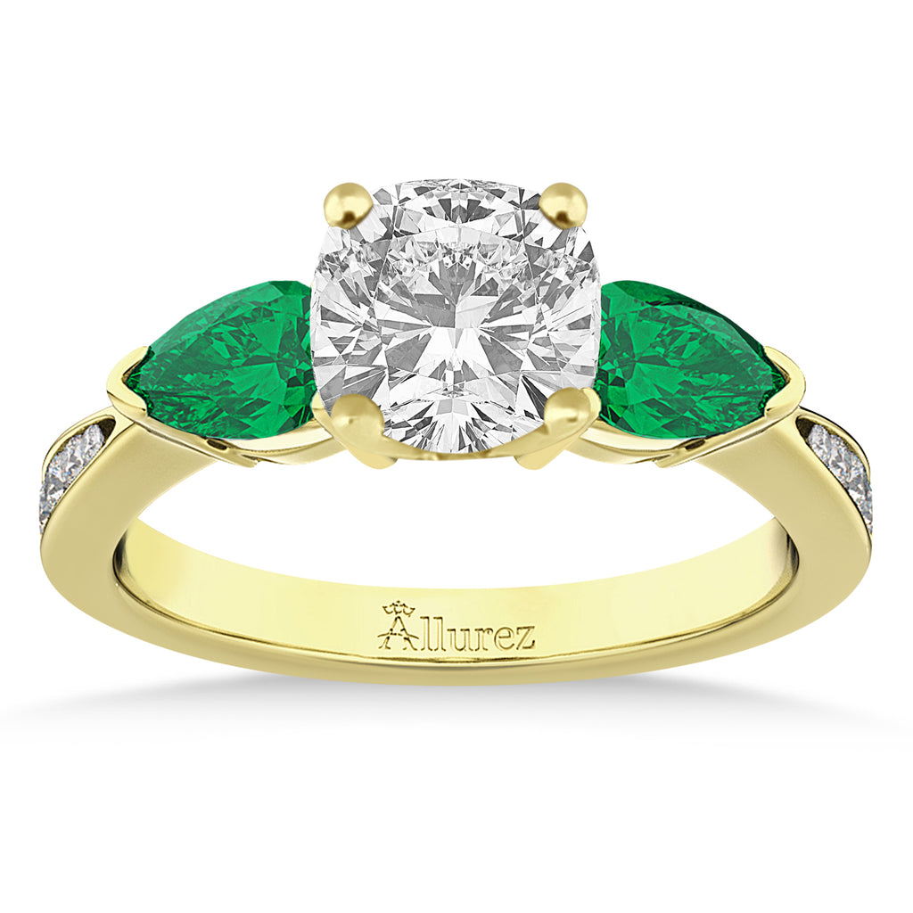 Cushion Diamond & Pear Green Emerald Engagement Ring 14k Yellow Gold (1.79ct)