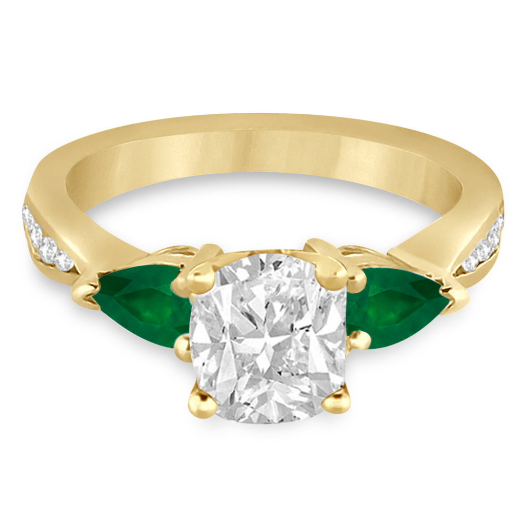 Cushion Diamond & Pear Green Emerald Engagement Ring 18k Yellow Gold (1.79ct)