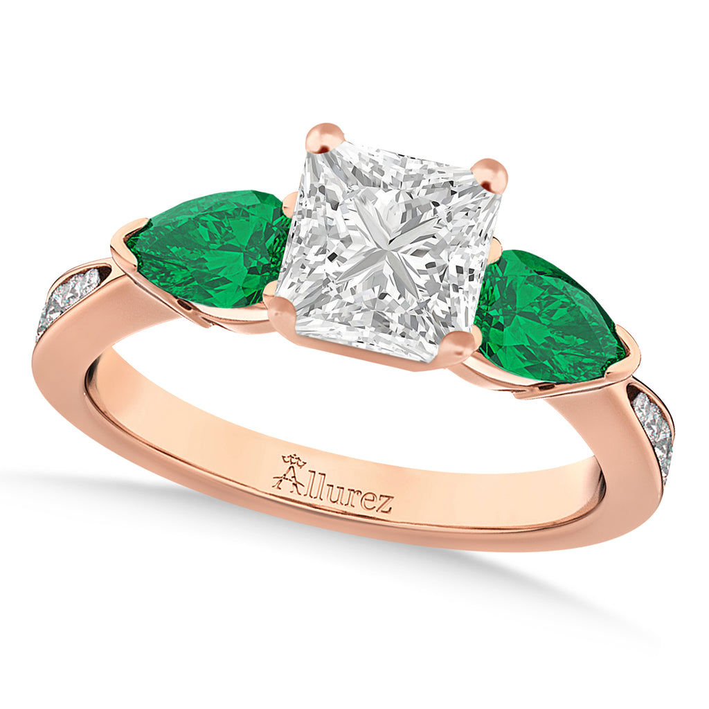 Princess Diamond & Pear Green Emerald Engagement Ring 14k Rose Gold (1.79ct)