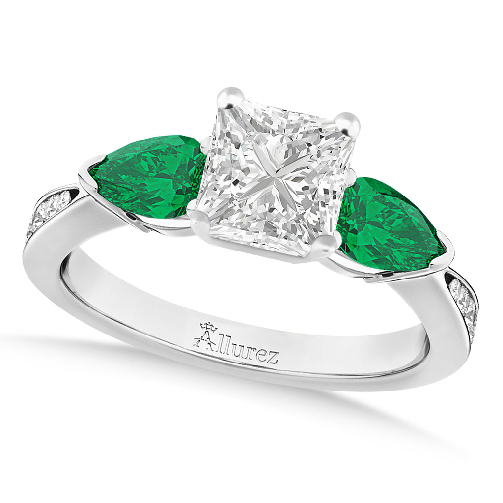 Princess Diamond & Pear Green Emerald Engagement Ring 18k White Gold (1.79ct)