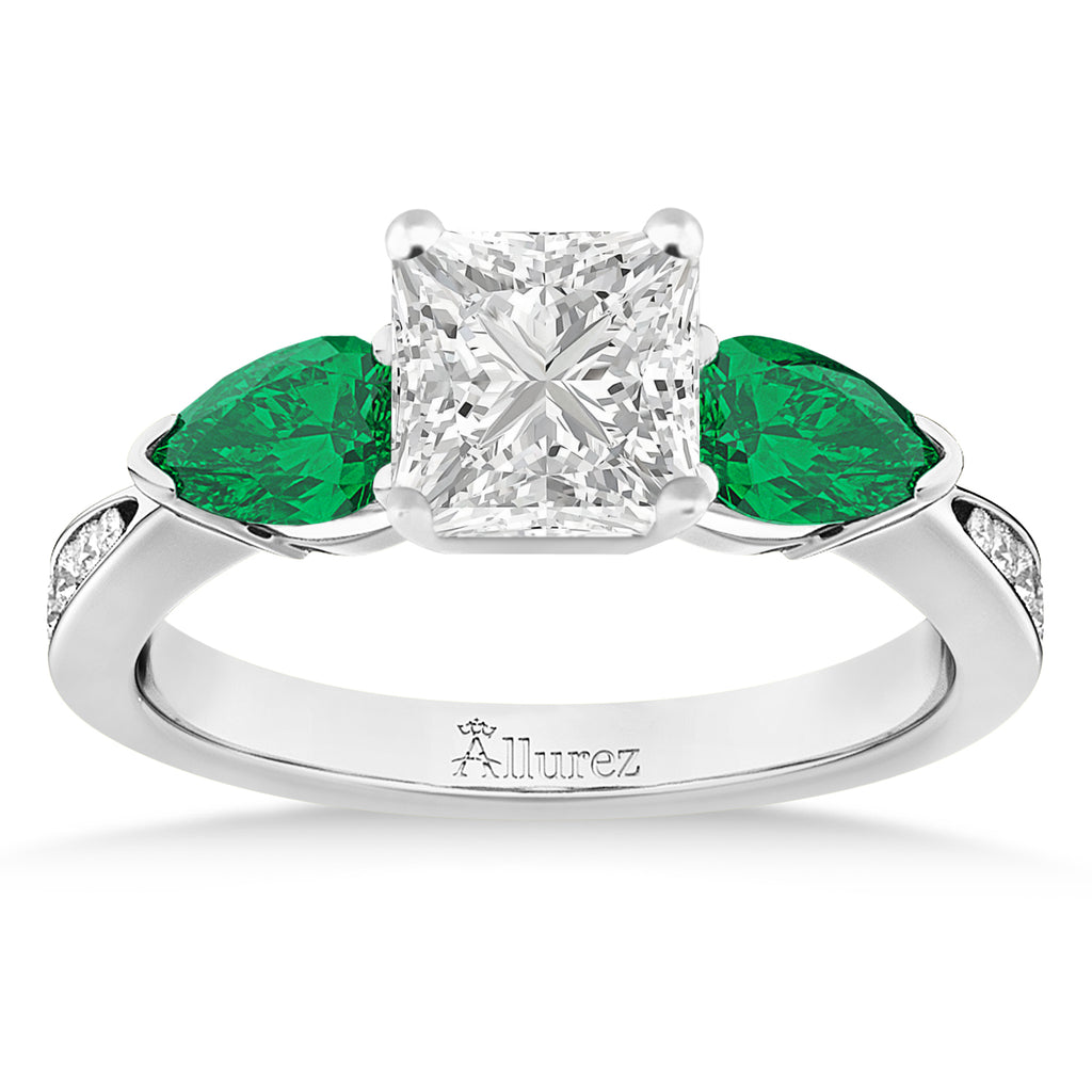 Princess Diamond & Pear Green Emerald Engagement Ring 18k White Gold (1.79ct)