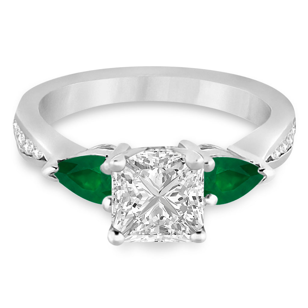 Princess Diamond & Pear Green Emerald Engagement Ring 18k White Gold (1.79ct)
