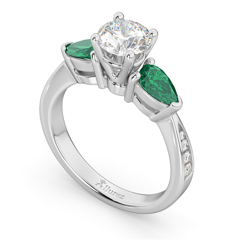 Round Diamond & Pear Green Emerald Engagement Ring 18k White Gold (1.79ct)