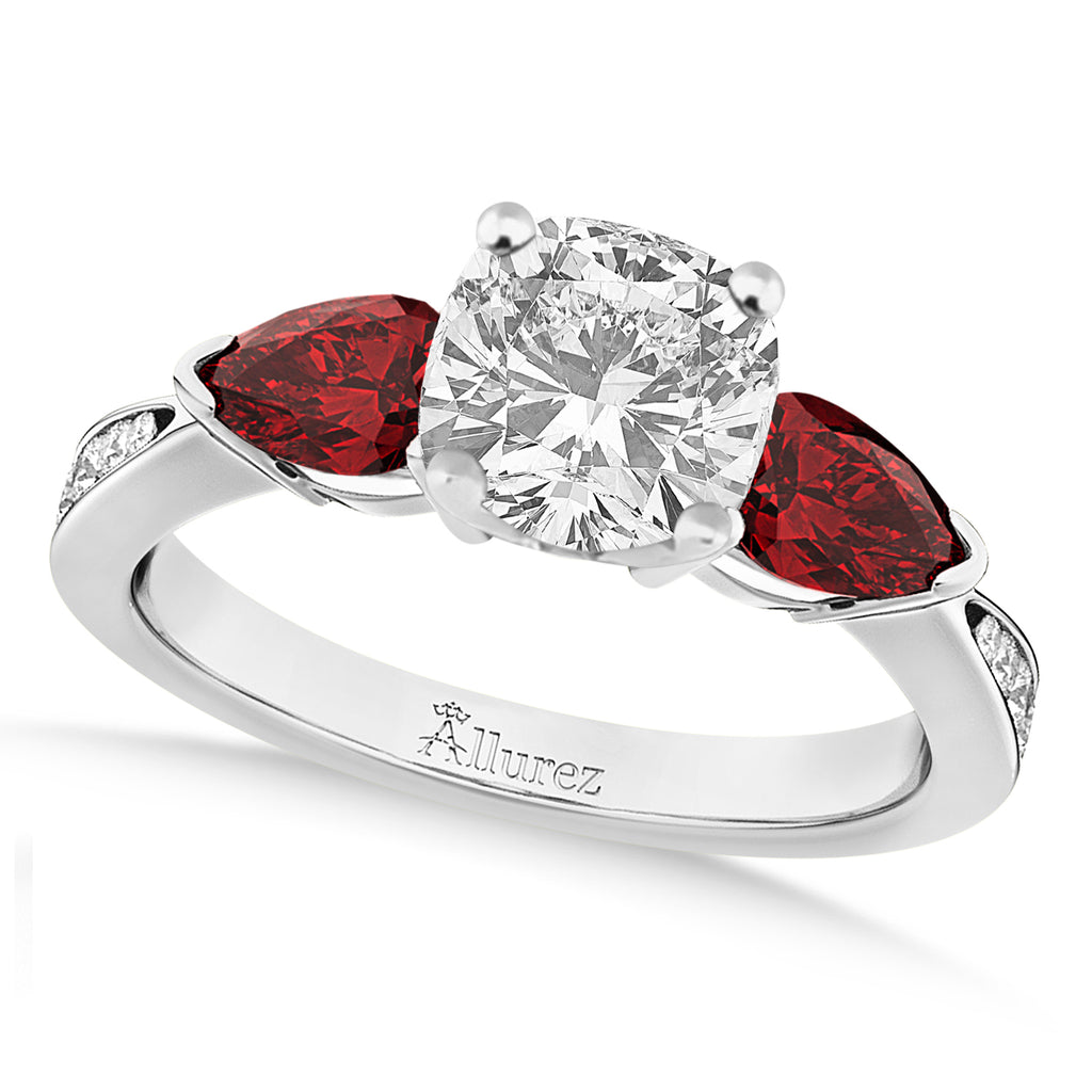 Cushion Diamond & Pear Garnet Engagement Ring 18k White Gold (1.29ct)