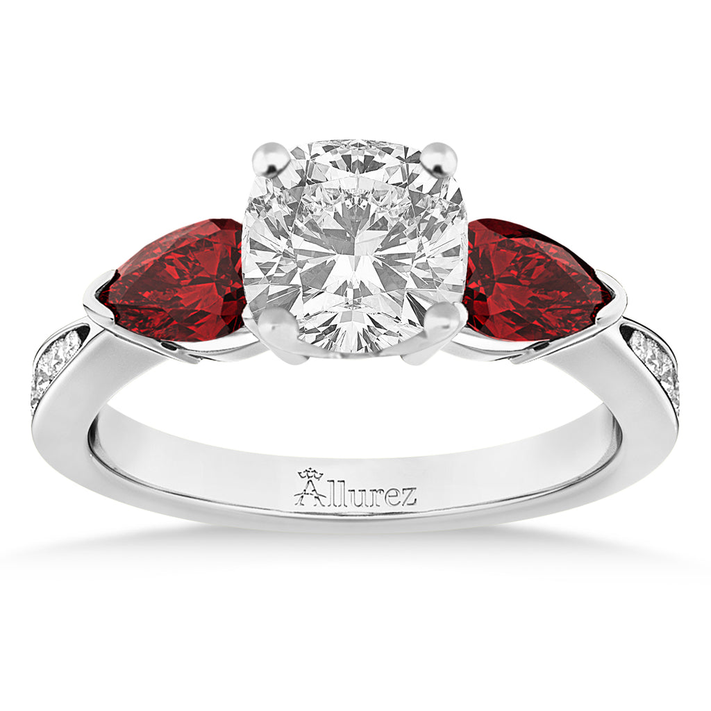 Cushion Diamond & Pear Garnet Engagement Ring 18k White Gold (1.29ct)