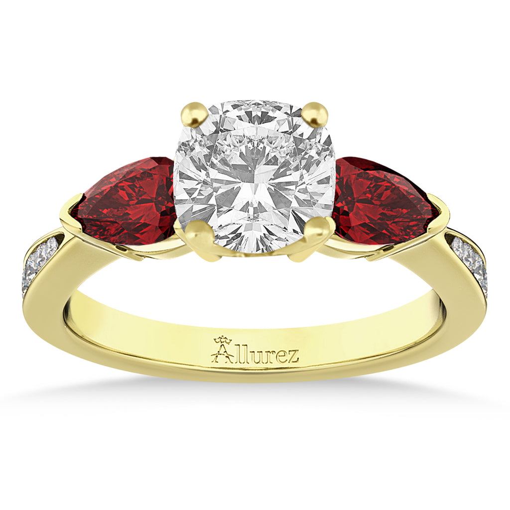 Cushion Diamond & Pear Garnet Engagement Ring 18k Yellow Gold (1.29ct)