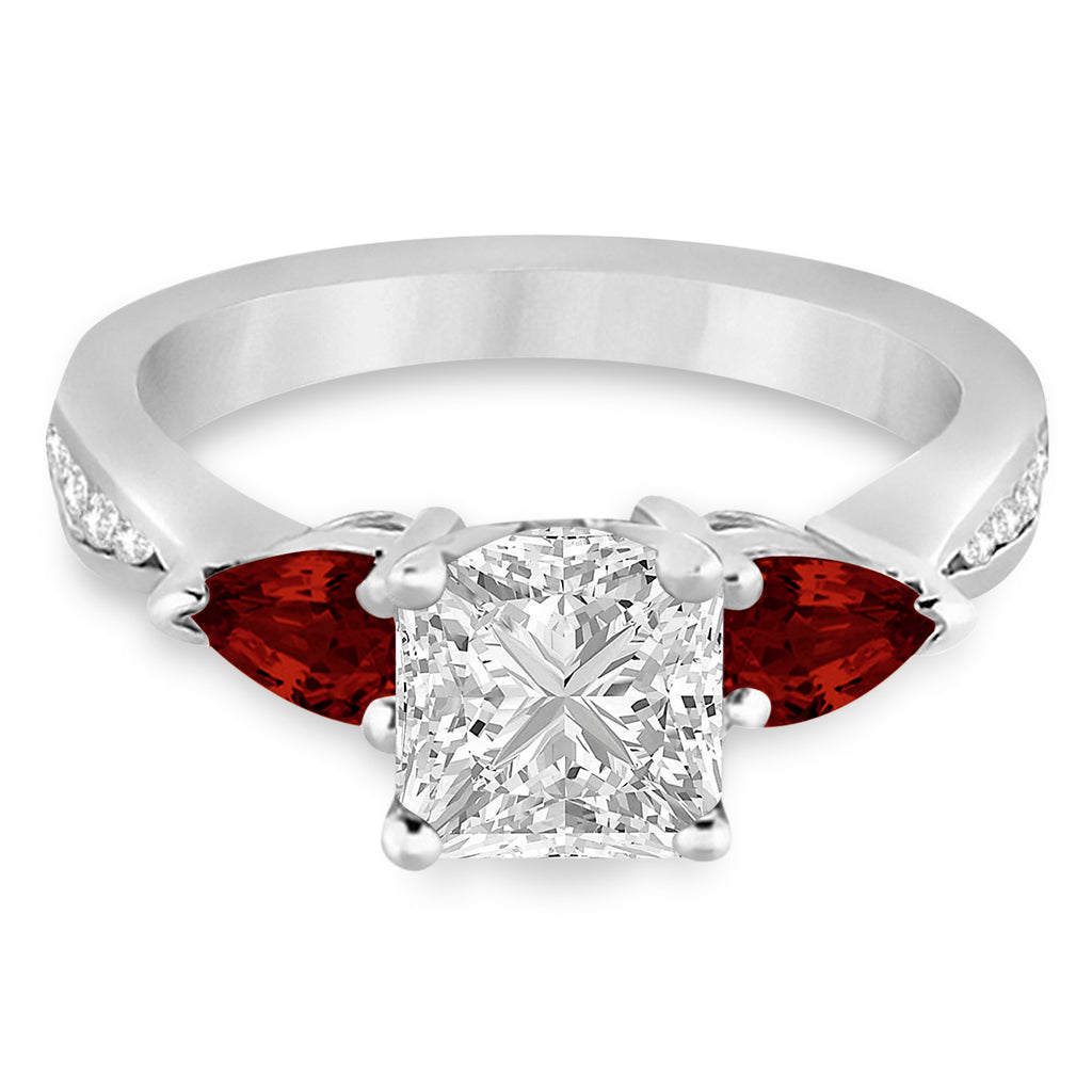 Princess Diamond & Pear Garnet Engagement Ring 14k White Gold (1.29ct)
