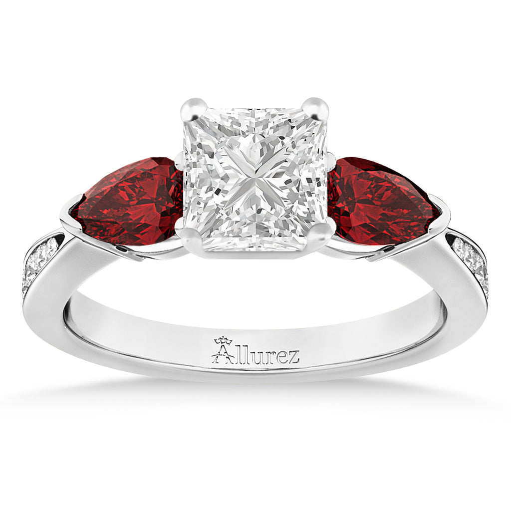 Princess Diamond & Pear Garnet Engagement Ring 18k White Gold (1.29ct)