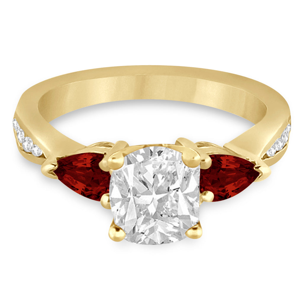 Cushion Diamond & Pear Garnet Engagement Ring 14k Yellow Gold (1.79ct)