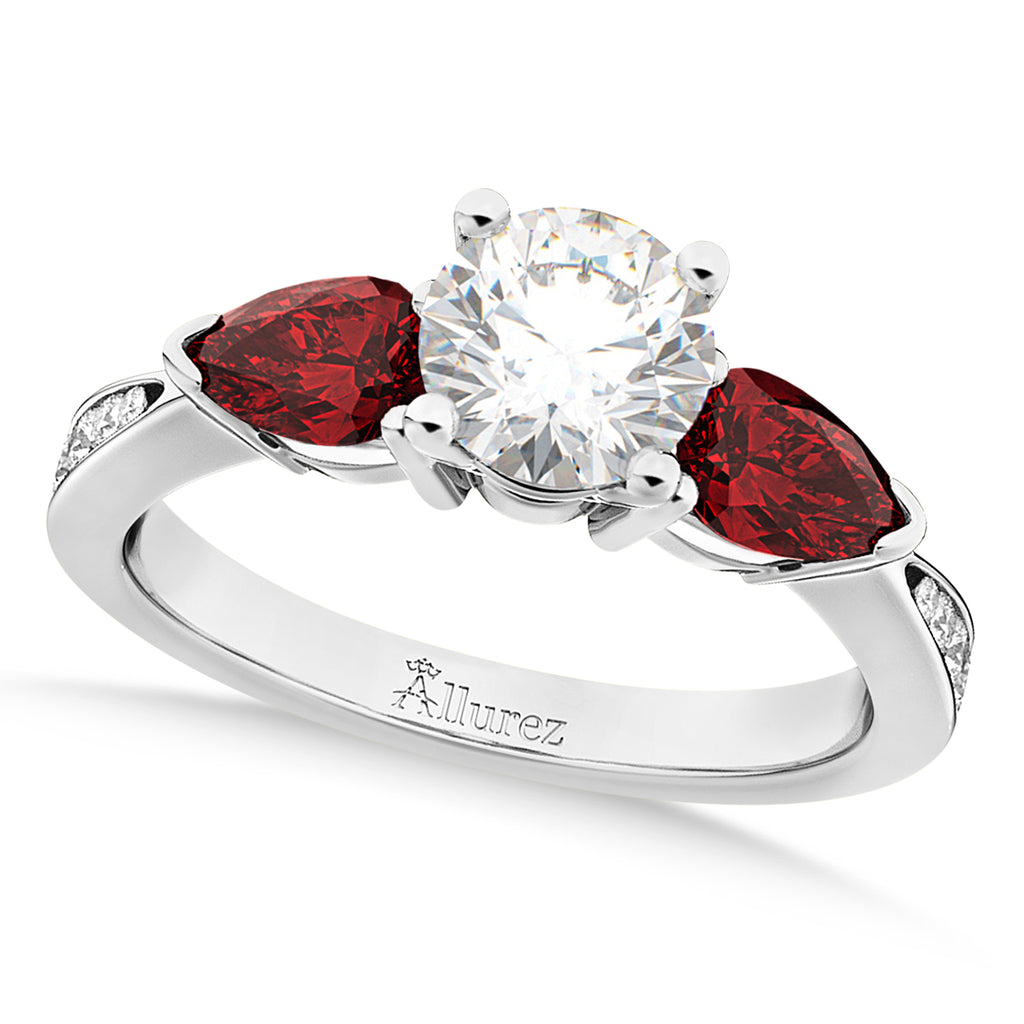 Round Diamond & Pear Garnet Engagement Ring 18k White Gold (1.79ct)