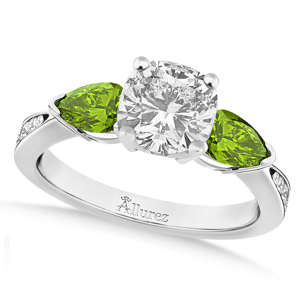 Cushion Diamond & Pear Peridot Engagement Ring 14k White Gold (1.29ct)