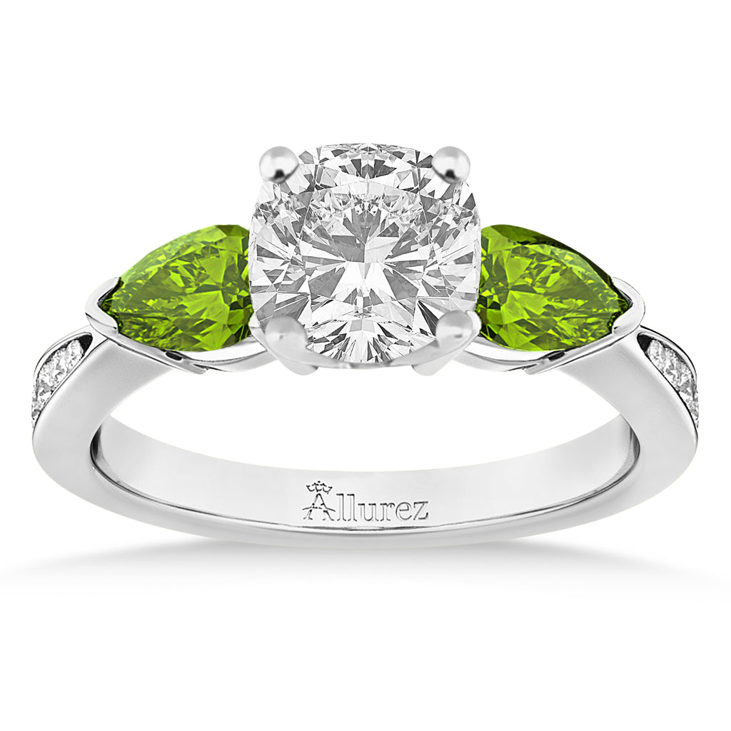 Cushion Diamond & Pear Peridot Engagement Ring 14k White Gold (1.29ct)