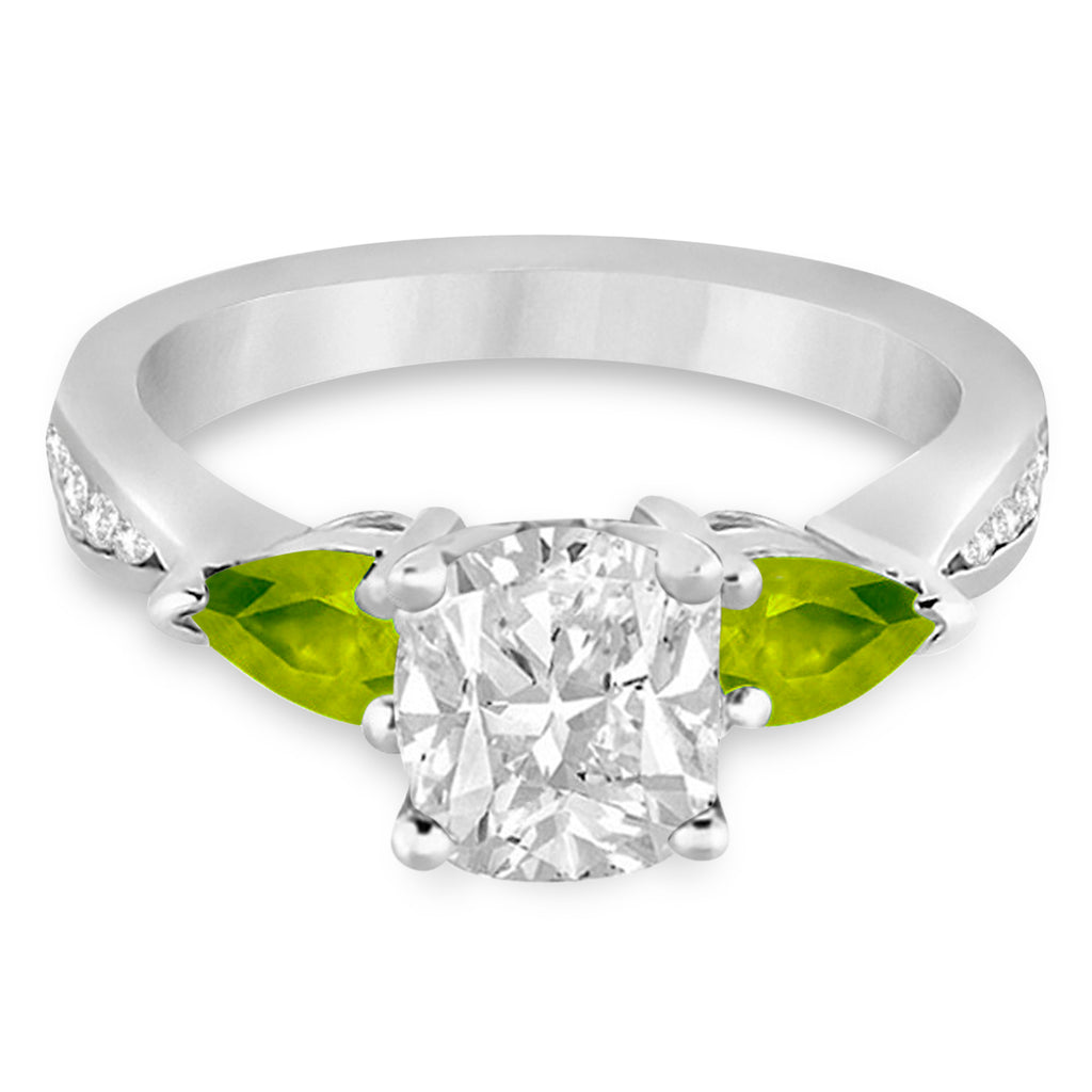 Cushion Diamond & Pear Peridot Engagement Ring 14k White Gold (1.29ct)
