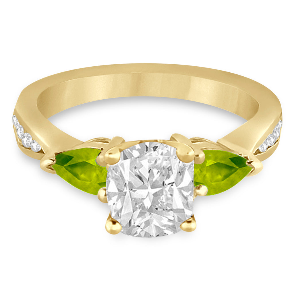 Cushion Diamond & Pear Peridot Engagement Ring 18k Yellow Gold (1.29ct)