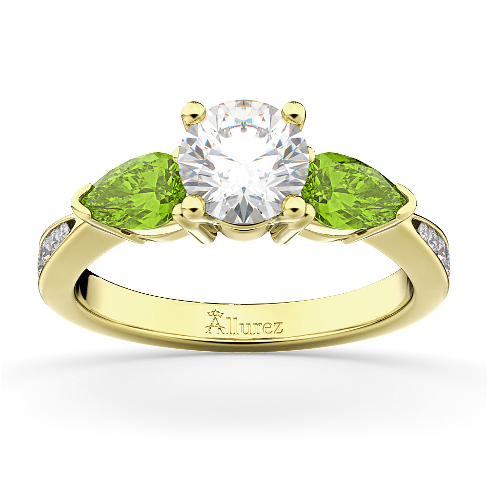 Round Diamond & Pear Peridot Engagement Ring 18k Yellow Gold (1.29ct)