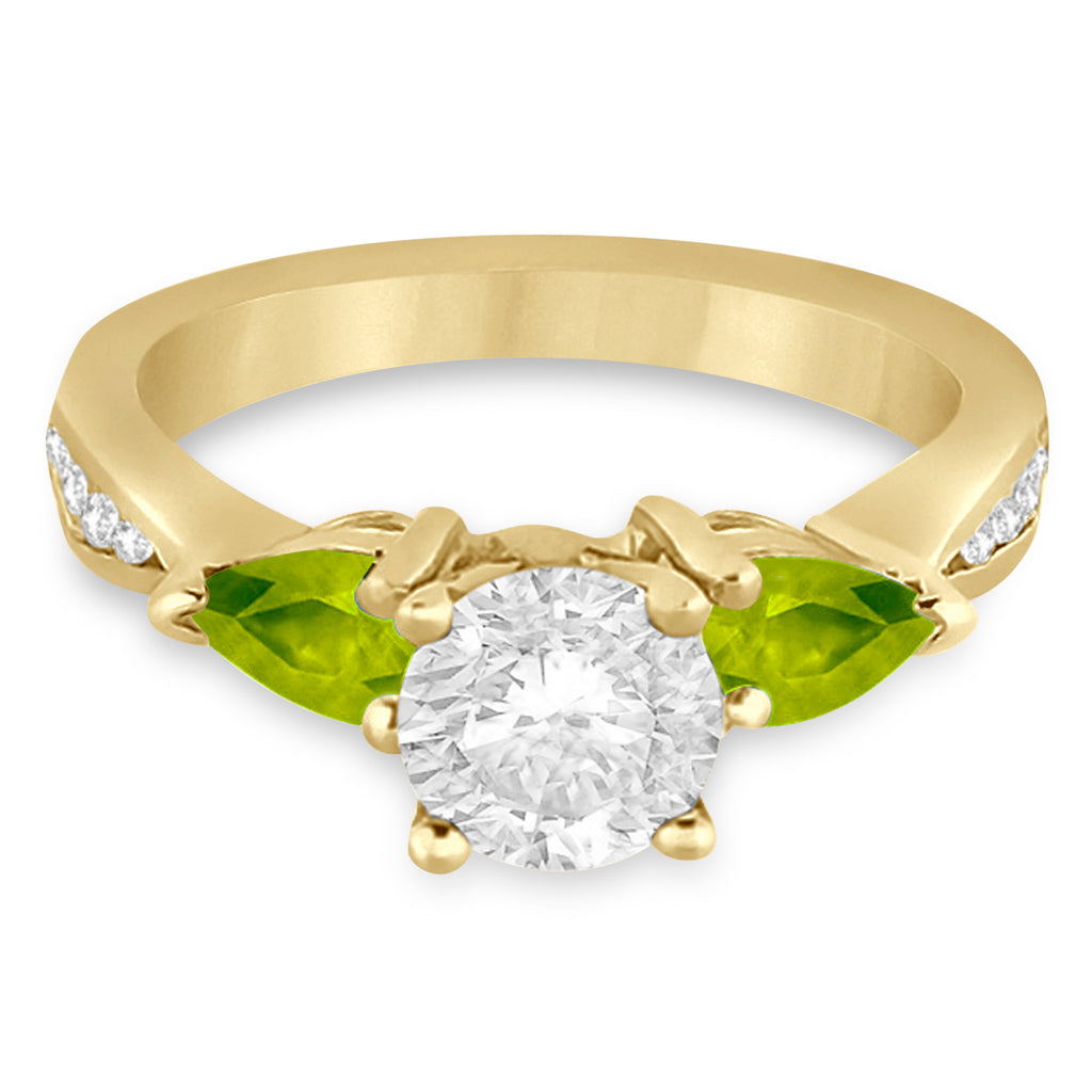 Round Diamond & Pear Peridot Engagement Ring 18k Yellow Gold (1.29ct)