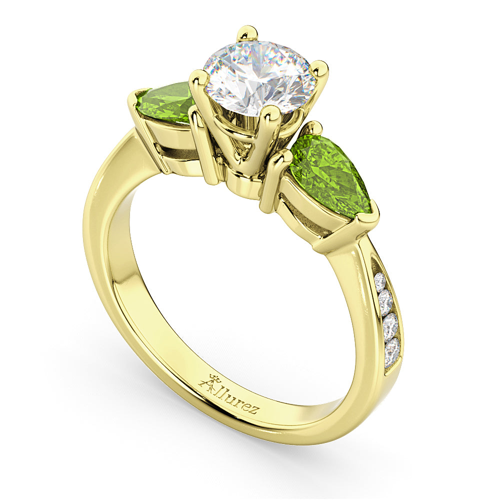 Round Diamond & Pear Peridot Engagement Ring 18k Yellow Gold (1.29ct)