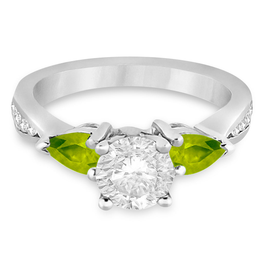 Round Diamond & Pear Peridot Engagement Ring in Palladium (1.29ct)