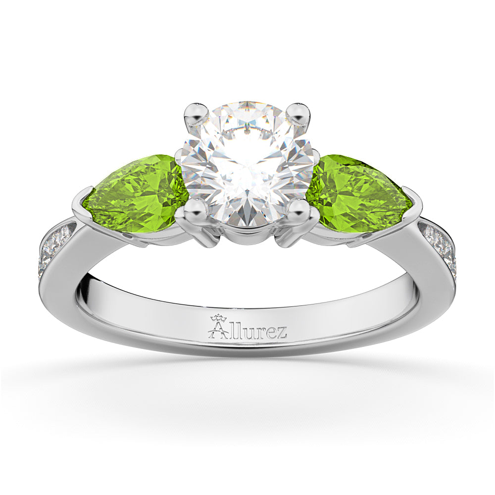 Round Diamond & Pear Peridot Engagement Ring in Platinum (1.29ct)