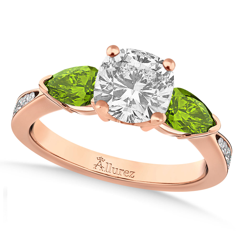 Cushion Diamond & Pear Peridot Engagement Ring 14k Rose Gold (1.79ct)