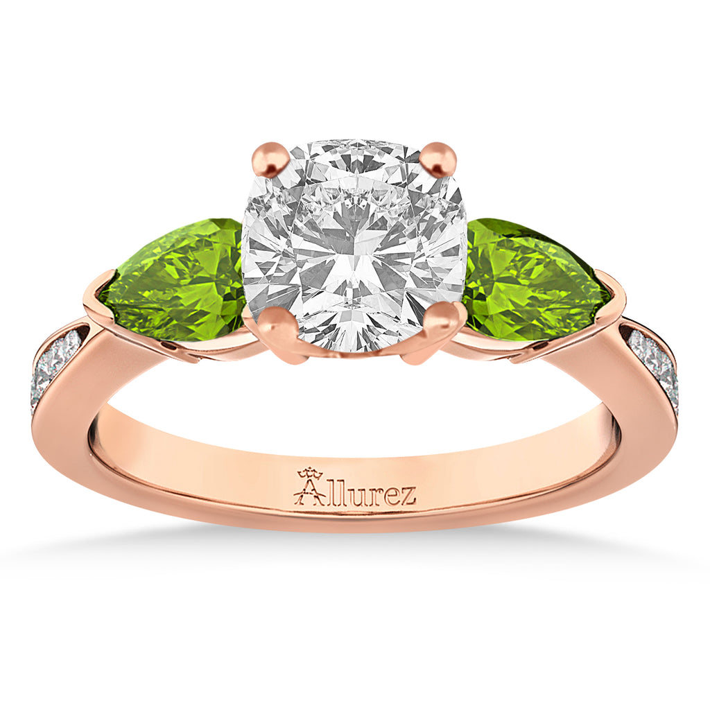 Cushion Diamond & Pear Peridot Engagement Ring 14k Rose Gold (1.79ct)