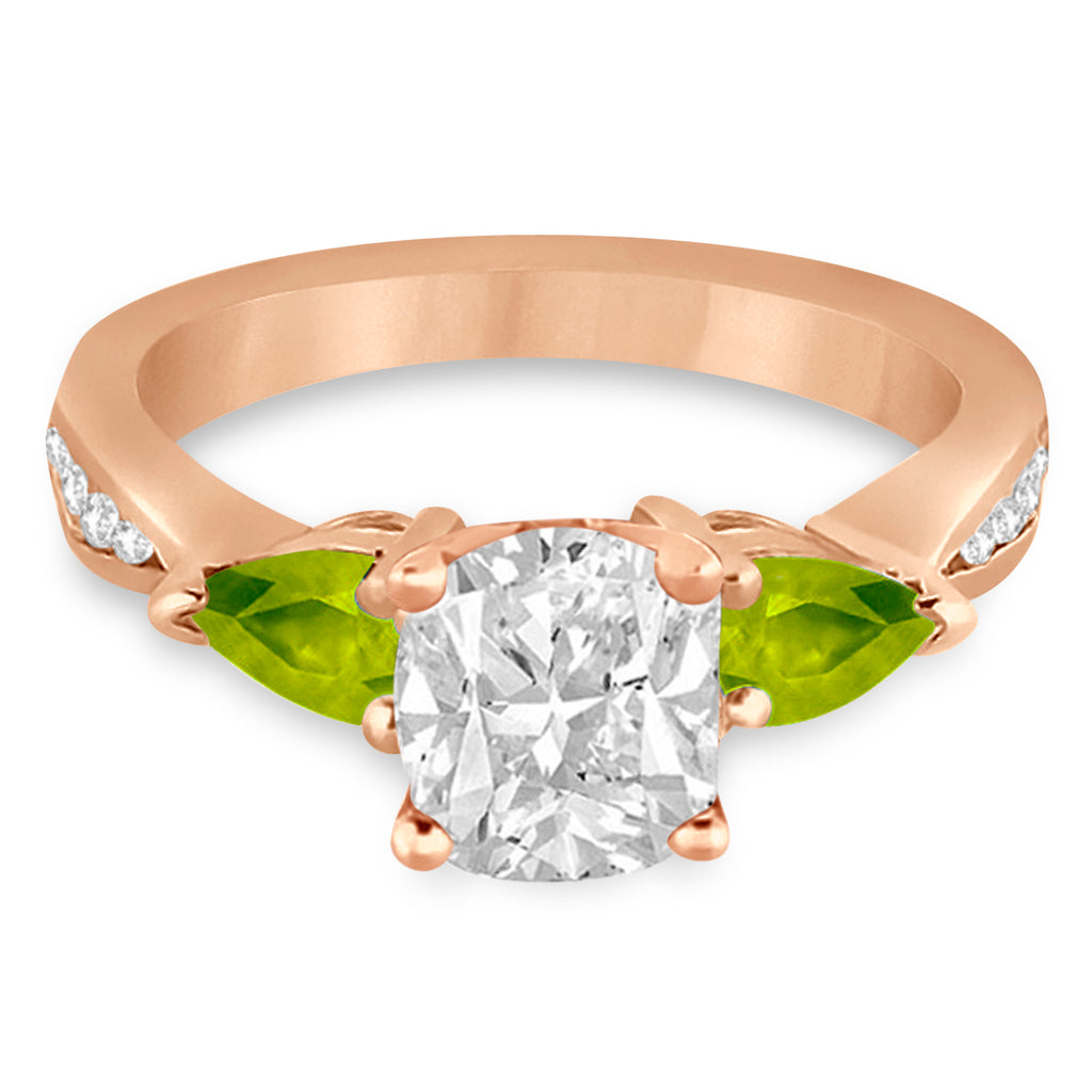 Cushion Diamond & Pear Peridot Engagement Ring 14k Rose Gold (1.79ct)