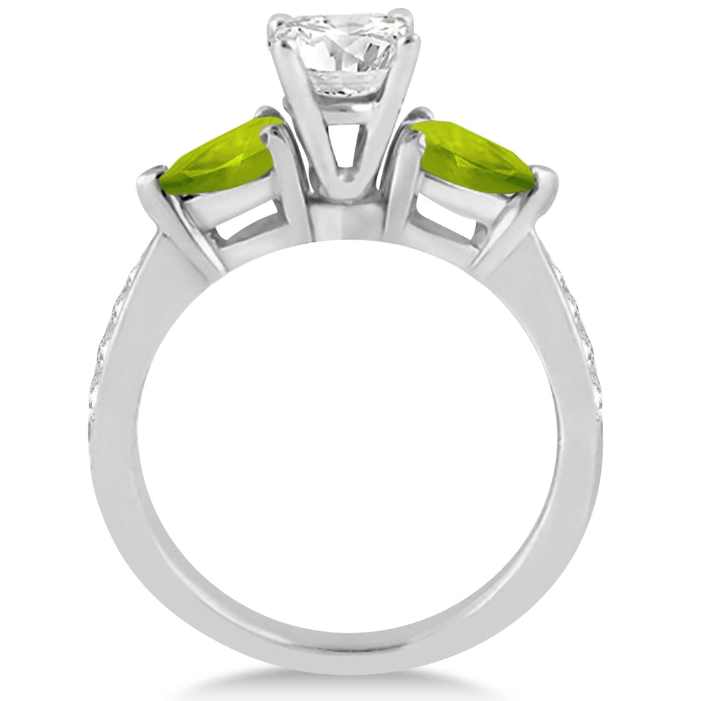 Cushion Diamond & Pear Peridot Engagement Ring 14k White Gold (1.79ct)