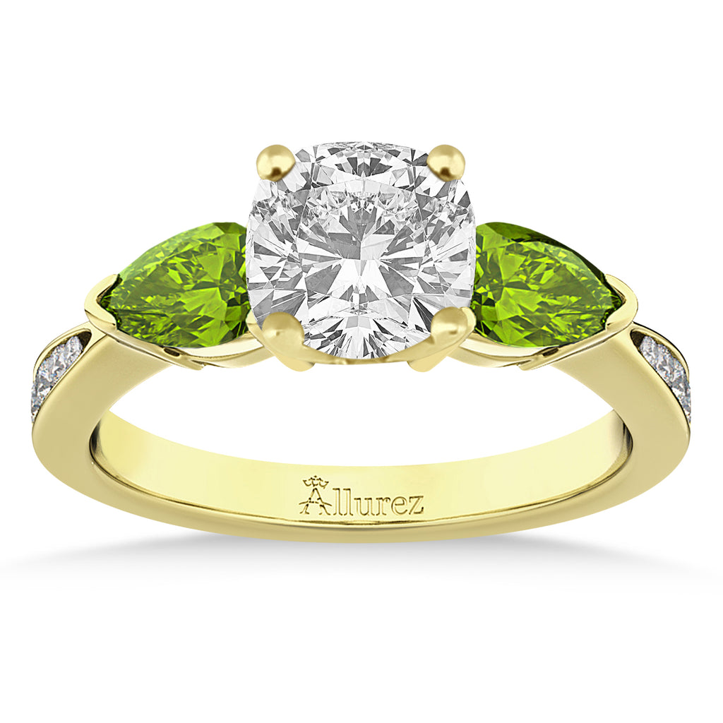 Cushion Diamond & Pear Peridot Engagement Ring 18k Yellow Gold (1.79ct)