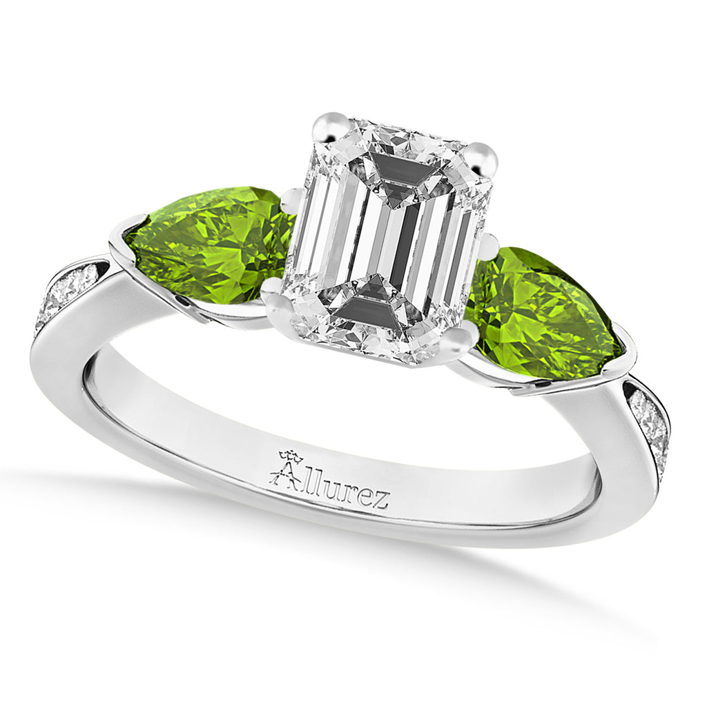 Emerald Diamond & Pear Peridot Engagement Ring 14k White Gold (1.79ct)