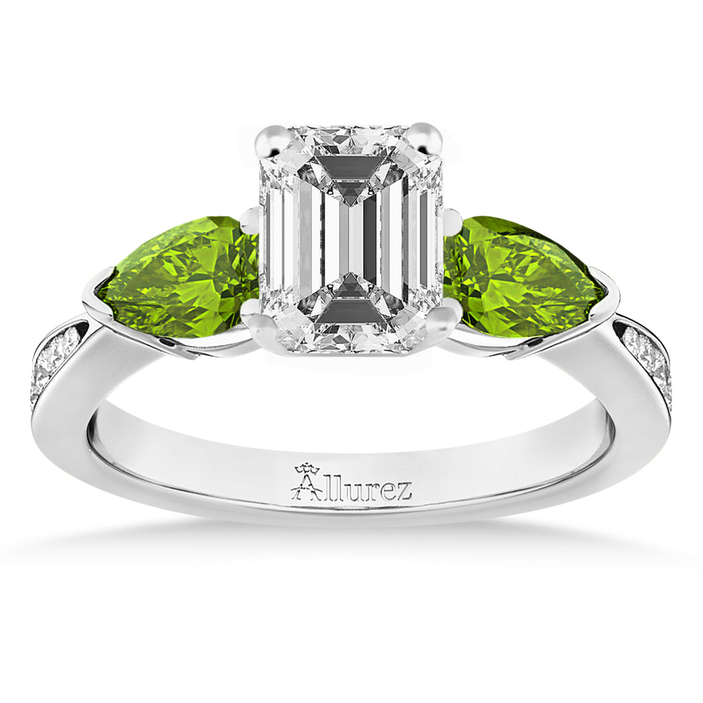 Emerald Diamond & Pear Peridot Engagement Ring 14k White Gold (1.79ct)
