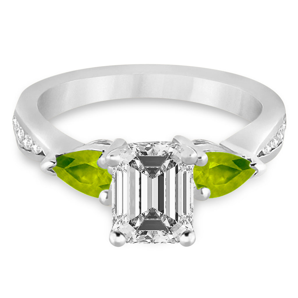 Emerald Diamond & Pear Peridot Engagement Ring 14k White Gold (1.79ct)